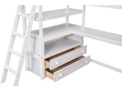 Modern Loft Bed With Built In Desk, Shelves, And 2 Drawers