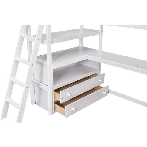 Modern Loft Bed With Built In Desk, Shelves, And 2 Drawers