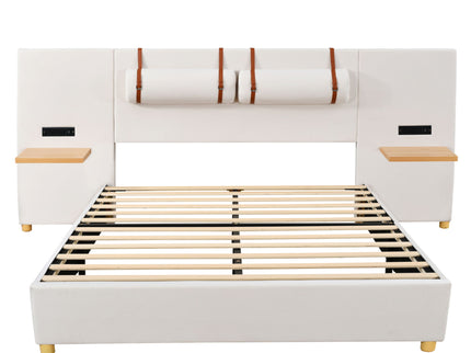 Upholstered Platform Bed, 2 Outlets And USB Charging Ports On Both Sides, 2 Bedside Pillows, Storage Shelves