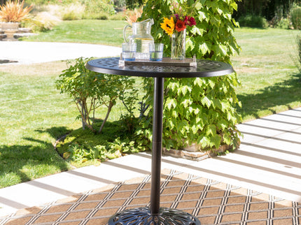 Elegant Cast Aluminum Round Bar Table With Romantic Filigree Design - Copper
