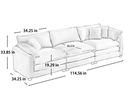 Mid-Century Modern 3 Seater Sectional Sofa With Arm And Throw Pillows