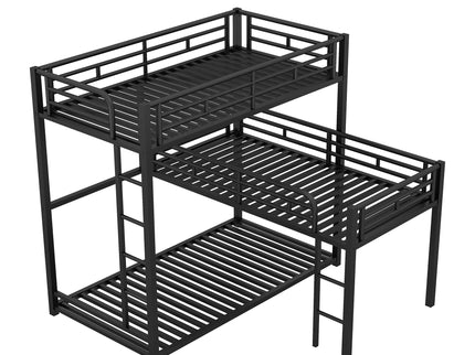 L-Shaped Triple Twin Size Bunk Bed, Industrial Design With Integrated Ladder And Full Length Guardrails - Black