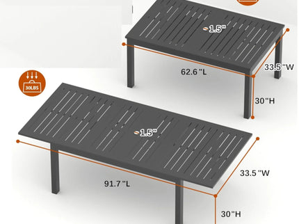 Extendable Outdoor Dining Table, All Weather, Slatted Top, Rust Proof - Gray