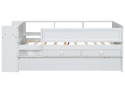 Twin Daybed With Drawers, Trundle, Headboard Storage, Study Desk, And USB Charging Station - White