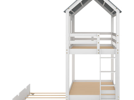 Twin Size House Bunk Bed With Trundle, Roof And Windows - White / Gray
