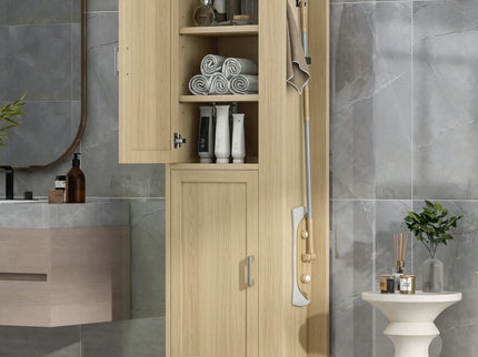 Tall Freestanding Bathroom Storage Cabinet With Adjustable Shelves And Side Hooks