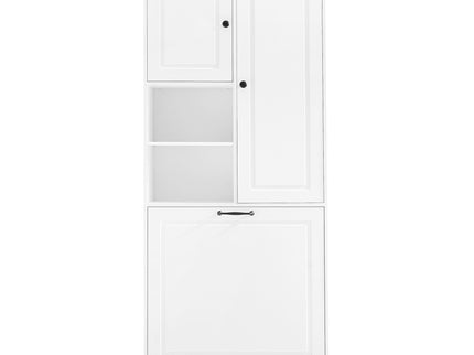 Modern Tall Storage Cabinet With Adjustable Shelves, Flip-Out Basket & Enclosed Doors