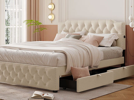 Upholstered Platform Bed With 2 Drawers And 2 Sets Of USB Ports On Each Side, Fabric