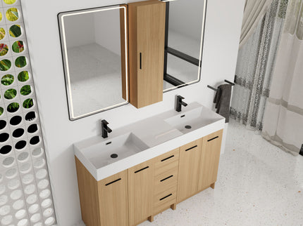 Double Sink Bathroom Vanity Set With Tall Linen Cabinet, 3 Drawers, Extra Large Storage, Integrated Sink, Freestanding Cabinet - Light Oak / White