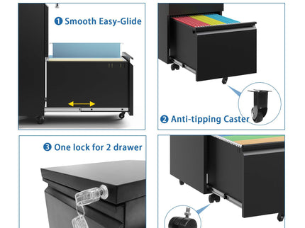 Metal Drawer Mobile File Cabinet With Lock For Home Office Organizer