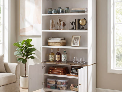 Tall Bookcase Storage Cabinet With 3 Open Shelves & Fluted Double Doors