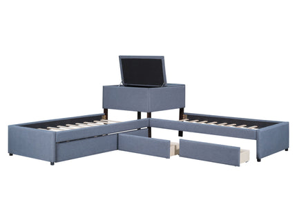 L Shaped Upholstered Platform Bed With Trundle And 2 Drawers Linked With Built In Desk