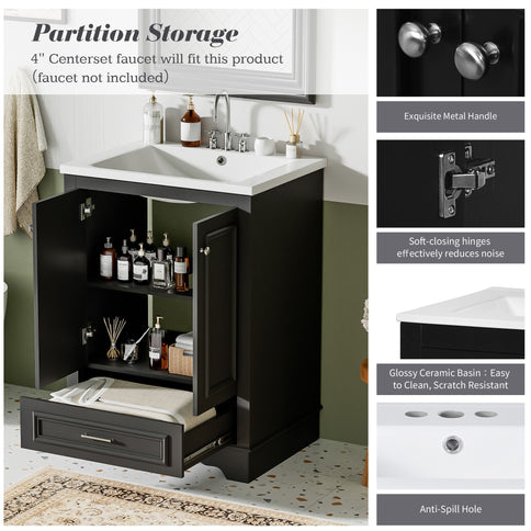 Bathroom Vanity With Ceramic Sink Combo, Modern Freestanding Storage Cabinet With Silver Handles