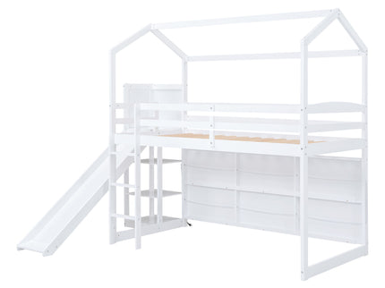 House Loft Bed With Slide, Storage Shelves And Light, Climbing Ramp