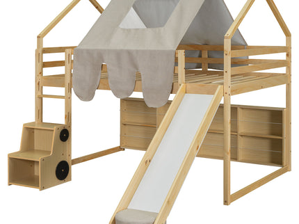 Loft Bed With House Shaped Frame And Tent
