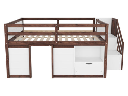 Low Loft Bed Frame With Built In Stairs, Storage Drawer, Shelf And 7 Color LED Light