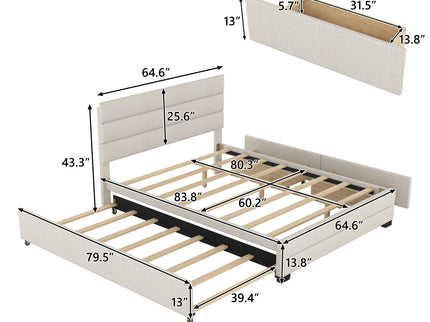 Queen Platform Bed With Twin Trundle And 2 Storage Drawers - Beige