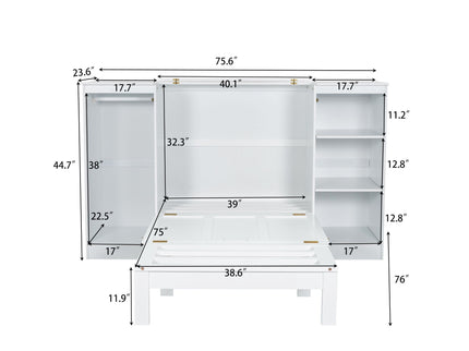 Twin Size Murphy Bed With Bedside Shelves And Wardrobe - White