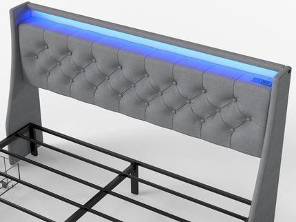 Platform Bed Frame With RGB LED Lights, Charging Station, Storage Headboard & 4 Underbed Drawers