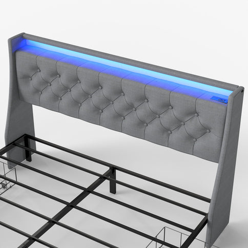 Platform Bed Frame With RGB LED Lights, Charging Station, Storage Headboard & 4 Underbed Drawers