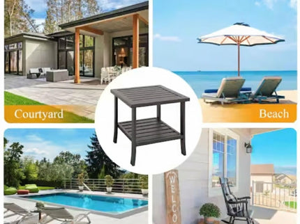 Square 2 Tier All-Weather Outdoor Side Table With Slatted Top