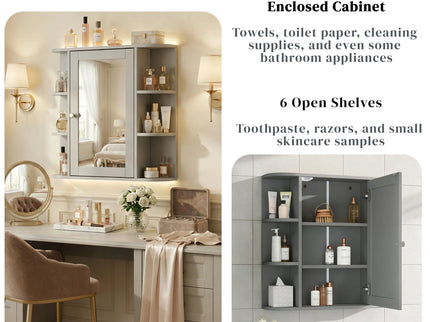 Bathroom Wall Storage Cabinet With Mirror And Adjustable Shelf, 6 Open Shelves