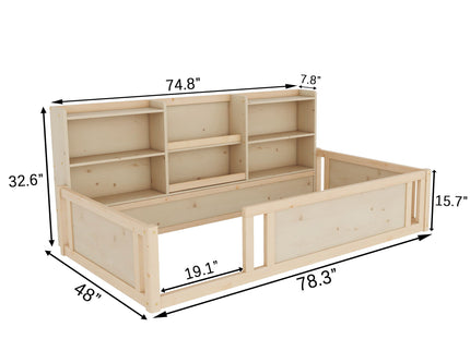 Platform Floor Bed With Guardrail Fence And Side Storage Shelves