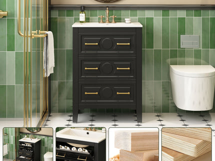 Bathroom Vanity With Sink, Free Standing Single Set, 3 Drawer Storage Cabinet