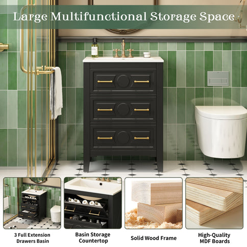 Bathroom Vanity With Sink, Free Standing Single Set, 3 Drawer Storage Cabinet