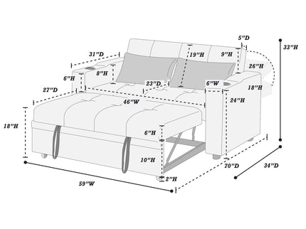 Modern Style Convertible Sofa With Pull-Out Bed, USB Ports & Cup Holders