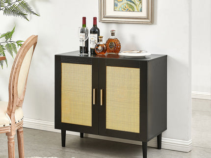 Side Panel Buffet Cabinet With Natural Rattan Door, Rattan Storage Cabinet With Adjustable Shelves, Side Panel And Buffet With Storage Space, Modern Console Cabinet In Bedroom And Living Room - Black / Beige