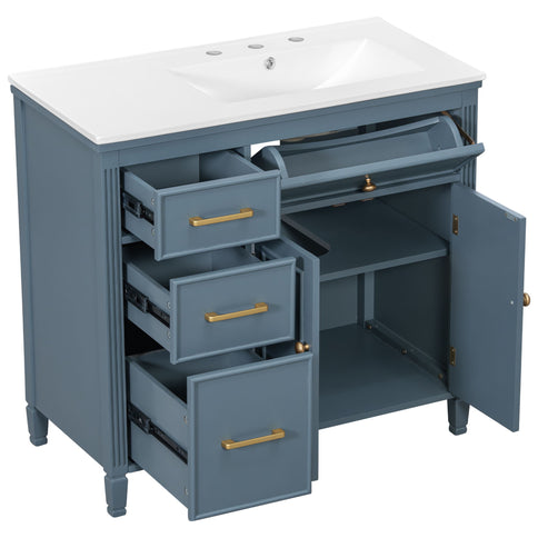 Modern Bathroom Vanity With Ceramic Sink, Freestanding, One Tip Out Drawer, 3 Side Drawers, Adjustable Shelf