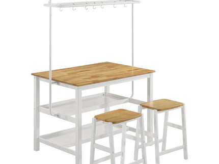 Prager - 3 Piece Kitchen Island Counter Table Set With Overhead Rack And Backless Stools - White