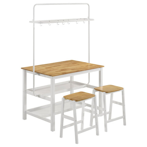 Prager - 3 Piece Kitchen Island Counter Table Set With Overhead Rack And Backless Stools - White