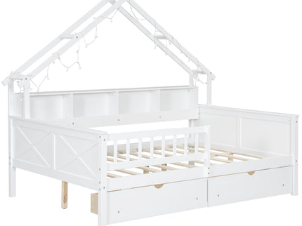 House Style Platform Bed With LED Lights, Storage Shelves, Drawers, And Guardrail