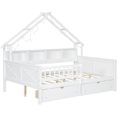 House Style Platform Bed With LED Lights, Storage Shelves, Drawers, And Guardrail
