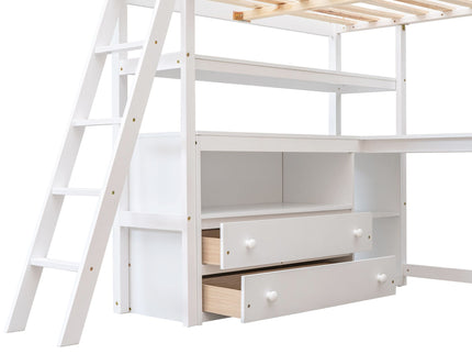 Modern Loft Bed With Built In Desk, Shelves, And 2 Drawers