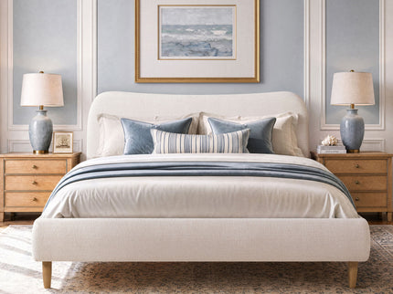 Roman - King Curved Headboard Upholstered Platform Bed - Light Beige