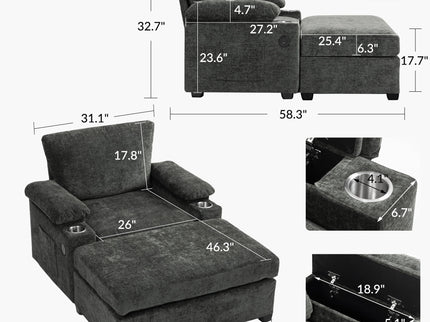 Modern Oversized Chair With Ottoman, Cupholders And USB Charging Ports