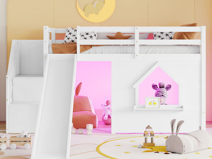 Loft Bed With Storage Stairs, Slide, Playhouse Window And 7 Colors LED Lights