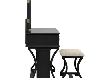 Bedroom Vanity Set With Foldable Mirror And Stool - Black