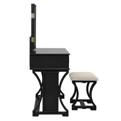 Bedroom Vanity Set With Foldable Mirror And Stool - Black