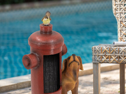 Red Fire Hydrant Water Fountain With Dog And Bird Accents, Outdoor Fountian With Light And Pump - Red / Light Brown
