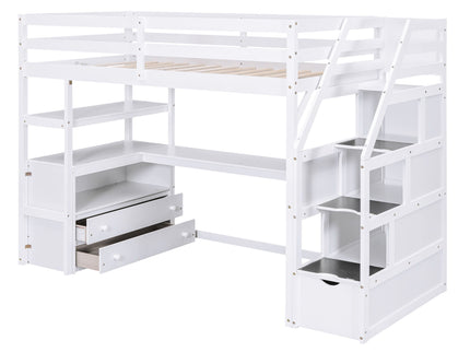 Loft Bed With Desk, Shelves, 2 Drawers, Storage Staircase