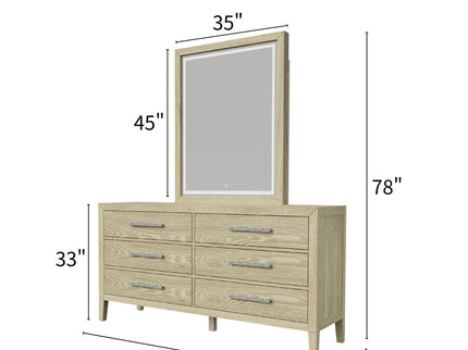 Adeline - 6 Drawers Dresser & Mirror With Jewelry Box & LED Light - Natural Wood Wash