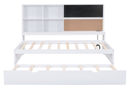 Twin Size Daybed With Storage Shelvesboard, Cork Board, USB Ports And Trundle - White