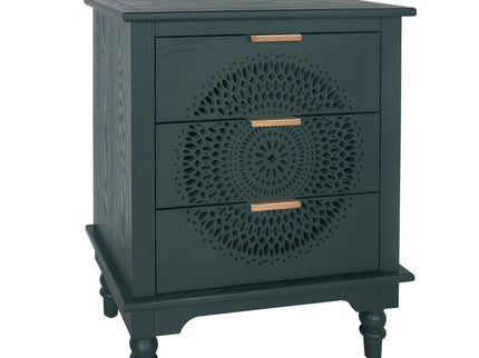 Hollow Carved 3 Drawer Dresser With Metal Handles, Storage Chest For Living Room Or Bedroom - Blackish Green