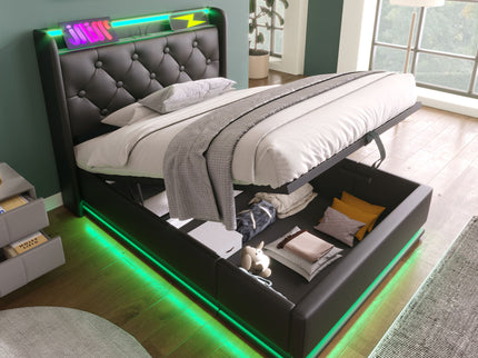 Upholstered Bed, 360 Surround LED Function, Remote Control, Hydraulic Storage Bed With USB, Type-C Charging (Without Mattress)