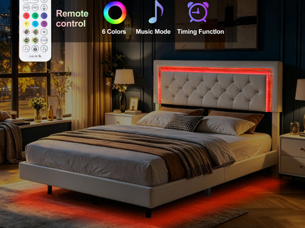Platform Bed Frame With Adjustable Upholstered Headboard, RGB LED Lights, No Box Spring Needed