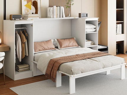 Twin Size Murphy Bed With Bedside Shelves And Wardrobe - White